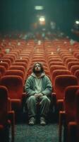 Alone in a quiet theater, a man reflects while seated among empty red chairs during a late evening screening photo