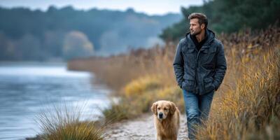 Man walks with golden retriever along a serene riverbank in autumn photo