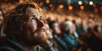 Man with beard gazes upward in awe during a lively event at an indoor theater crowded with spectators photo