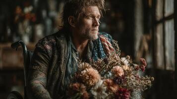Man in wheelchair holding wildflowers in a rustic interior during golden hour photo