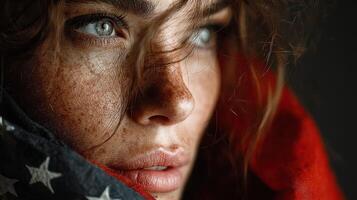 Woman with striking features wrapped in a flag, showcasing emotion and detail in intimate portrait session photo