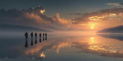 Hikers explore a stunning landscape during sunrise, enjoying reflections and vibrant colors in the sky and water photo