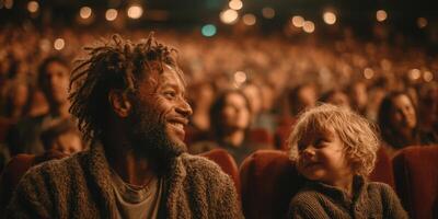 Father and child share a joyful moment during a movie screening in a packed theater at night photo