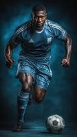 Professional soccer player dribbling a ball during a dynamic game in a dramatic blue lighting setup photo