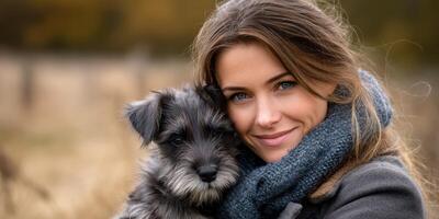 Woman enjoys a close moment with her puppy in a serene outdoor setting during a crisp autumn day photo