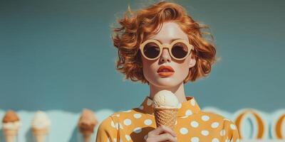Woman with curly red hair enjoys ice cream on a sunny day outside an ice cream shop decorated with colorful cones photo