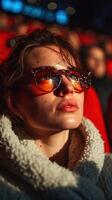 Woman with sunglasses reflecting lights sits quietly in a vibrant theater during a captivating performance photo