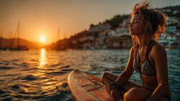 Woman practices meditation on paddleboard at sunset on tranquil water photo