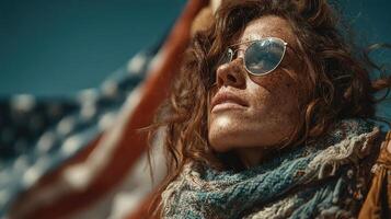 Woman with freckled skin looks up while wearing sunglasses and a scarf against a blue sky and flag backdrop photo