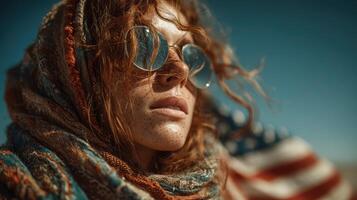 Woman in sunglasses and scarf enjoying a sunny day outdoors with vibrant colors of nature in the background photo