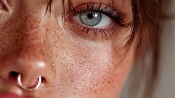 Close-up of a person with striking blue eyes, freckles, and a silver nose ring showcasing beauty and detail photo