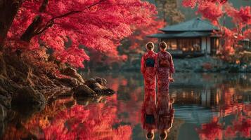 Two women in traditional clothing enjoy a serene moment by a red maple tree lake during the autumn photo