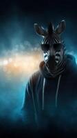 Zebra wearing sunglasses poses in a darkened environment with a colorful background of lights and mist photo