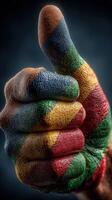 Multicolored hand with painted patterns giving a thumbs up gesture against a dark background photo