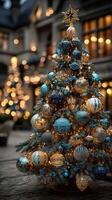 Elegant blue and gold Christmas tree adorned with ornaments and lights in a festive courtyard photo