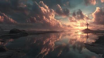Dramatic sunset over calm waters reflecting a silhouetted cross in a serene landscape at dusk photo