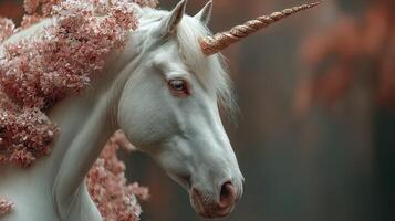 Majestic white unicorn beside blooming pink flowers in an enchanting forest setting during spring photo