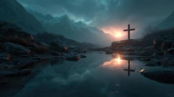 Mountain landscape at dusk with reflection of cross in water and dramatic sky photo
