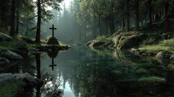 Misty forest landscape with a cross and tranquil water reflecting trees during early morning photo