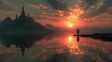 Stunning sunset silhouettes a lone figure by the water, casting reflections with a majestic castle in the background photo
