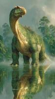 Giant dinosaur standing in a misty lake surrounded by lush forest in a prehistoric landscape photo