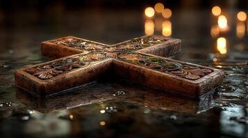 Detailed wooden cross rests on a reflective surface with soft lighting creating a serene atmosphere in the background photo