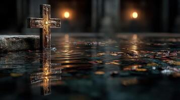 Cross illuminated by soft light shines amidst a calm water surface with fallen leaves at dusk photo