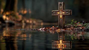 Wooden cross illuminated in tranquil water surrounded by fallen leaves in a forest setting during dusk photo
