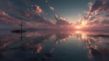 Sunset over tranquil water with a cross on a small island reflecting in the calm surface at dusk photo