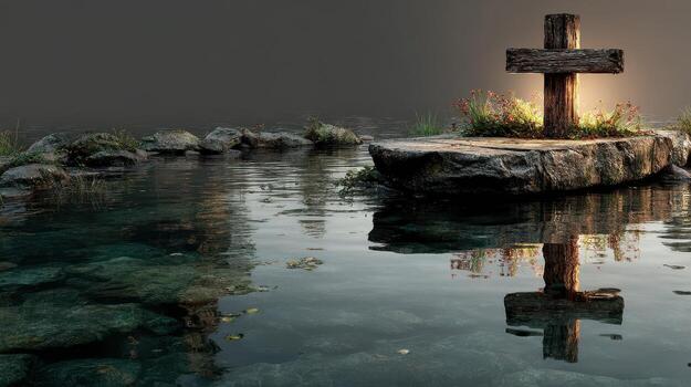 Serene reflection of a rustic wooden cross at twilight by a calm lake surrounded by rocks and gentle flora photo