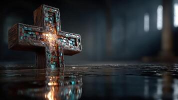 Cross illuminated by soft light in an ancient, abandoned structure with a reflective surface photo