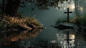 Serene waters reflect cross under morning light in peaceful forest setting photo