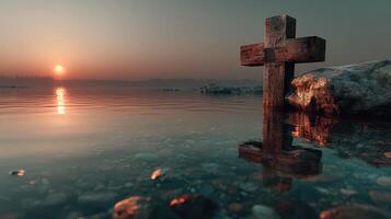 Wooden cross stands in calm water at sunset near shoreline creating a serene reflection photo