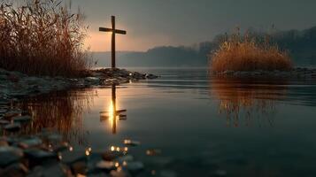 Cross reflection in water surrounded by reeds at sunset near a calm river photo