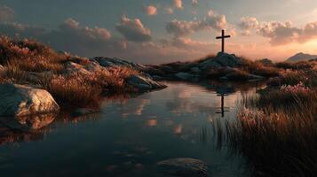 Reflection of a cross at sunset by a tranquil pond in a serene landscape photo