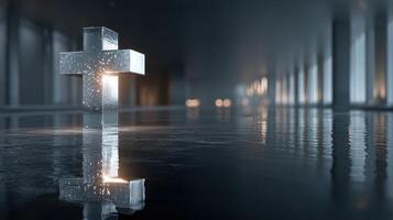 Unique crystal cross highlighted in a reflective space with soft lighting at an indoor setting photo