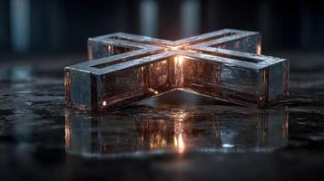 Unique transparent shape illuminated on a reflective surface creating a dramatic visual effect at night photo