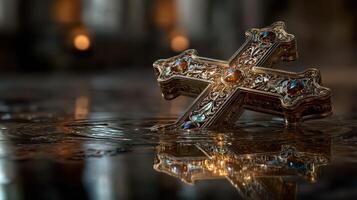 Intricate cross resting on reflective surface with warm light illuminating its detailed design photo