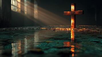 Dramatic light streams through a ruined building illuminating a wooden cross surrounded by reflective water photo