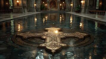Intricate golden cross resting on serene water in a majestic hall with soft lighting and historical architecture in the background photo