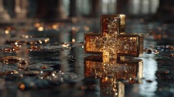Golden cross glistens in reflective water surrounded by shimmering jewels during a serene moment photo