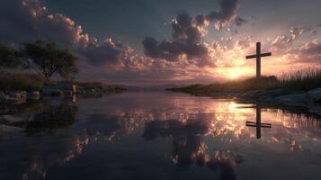 Sunset view over a calm river with a cross silhouette and beautiful cloud formations in the sky photo