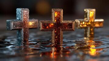 Decorative glass crosses illuminated with warm light creating a serene atmosphere in an artistic display photo