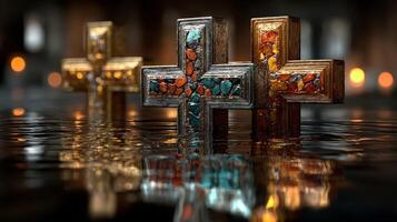 Colorful crosses reflected in water highlight intricate craftsmanship and artistic design in a serene, ambient setting photo