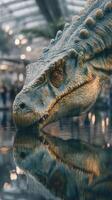 Realistic dinosaur sculpture emerges from water at an indoor exhibit during the day photo