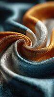 Silken fabric with blue, silver, and gold hues creates a mesmerizing swirl pattern in soft lighting photo
