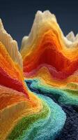 Colorful, abstract landscape with flowing river and vibrant mountains at the center of creation photo