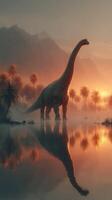 Dinosaur stands majestically by a tranquil lake at sunrise with palm trees in the background photo