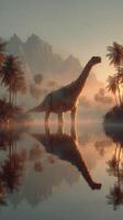 Dinosaur stands majestically in a serene landscape at sunrise with mountains and palm trees reflecting in calm water photo