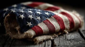 Old American flag draped elegantly on rustic wooden table, showcasing texture and history in warm light photo
